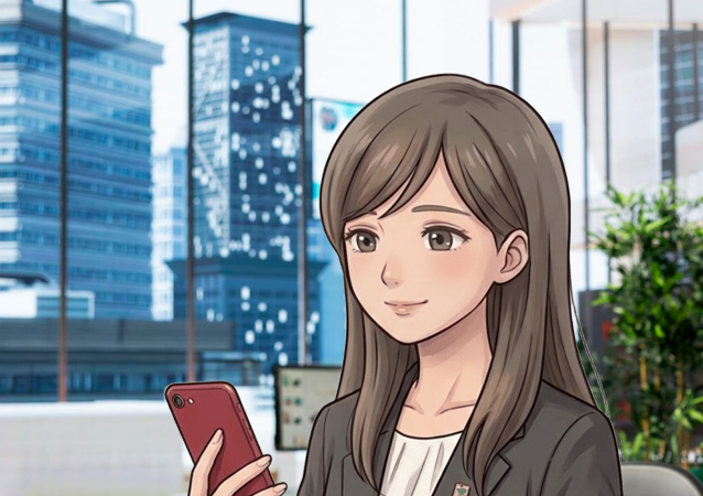 「STEP 4 部品交換が発生する場合」の工程を説明するウェブ画面の画像です。
上部には「国家整備士による部品交換の画像を、お客様のスマホに送信します。想定外の部品交換が発生する場合、必ずお客様の許可を取ります。目で見て確認、双方向でやりとりできますので、安心してご本業に専念して頂けます。」という説明テキストが記載されています。 下部のイラストでは、高層ビルが見えるオフィス風の室内に座り、赤いカバーのスマートフォンを手にして微笑む女性の姿が描かれています。仕事中や外出先でもスマホで確認ができるイメージを表現しています。