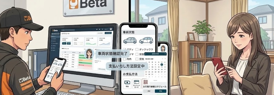 「STEP 2 お申込み」の工程を説明するウェブ画面の画像です。
上部には「車両状態や、お支払方法(現金・クレジット・QR決済)、お引き取り納車のお日にち・時間等の擦り合わせをします。」という説明テキストが記載されています。 中央のイラストでは、左側で黒いキャップと作業服を着たスタッフがパソコンやスマホを操作しており、右側では部屋のソファに座った女性がスマホで申し込みを行っている様子が描かれています。
中央にはスマートフォン画面の拡大イメージがあり、「車両状態確認完了」「支払い方法設定中」「お支払方法」「お引取り納車スケジュール」といった項目やカレンダー画面が表示され、具体的な手続きの流れを視覚的に表現しています。